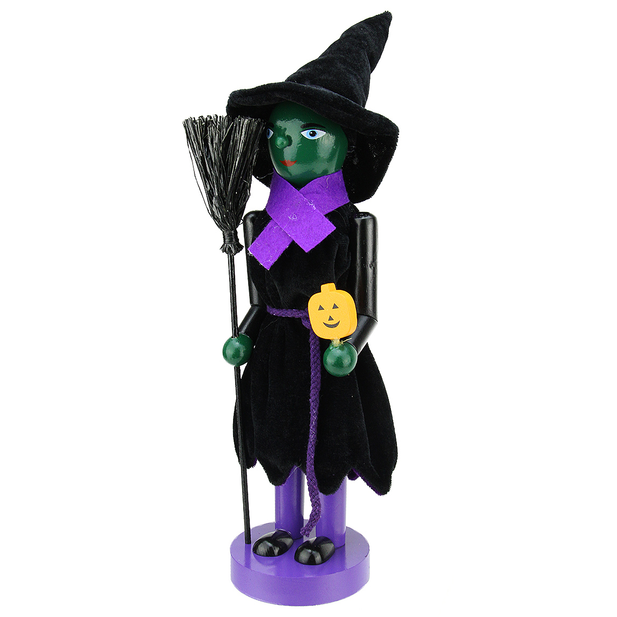 14" Green Witch Wooden Halloween Nutcracker Holding Broom and JackO