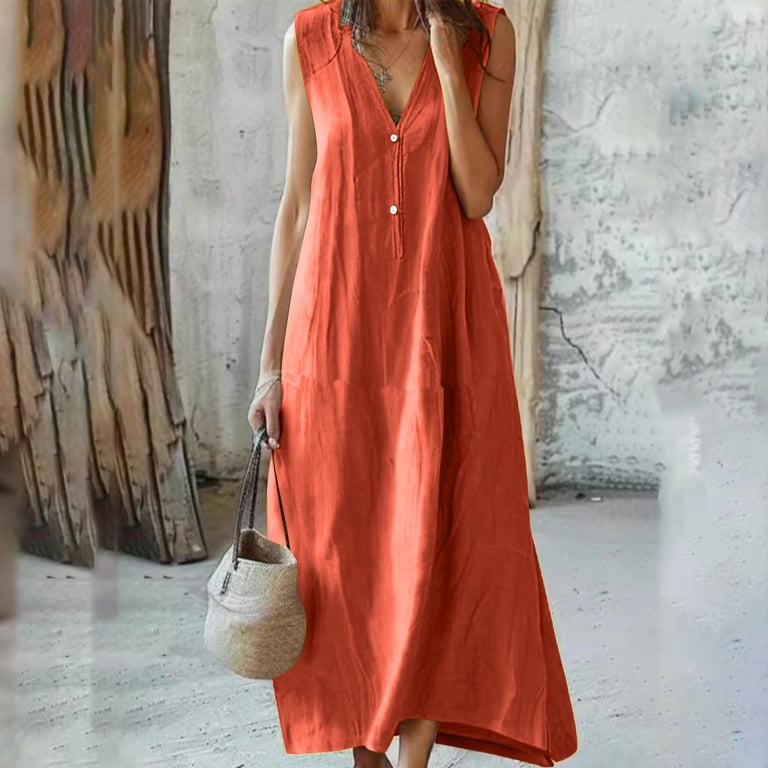 Tnhcen Women's Sleeveless Maxi Dress 100% Polyester Pre - Shrunk Linen, V -  Neck Button Front Loose Fit Casual Long Dress, S - 2XL Plus Size -  Walmart.com