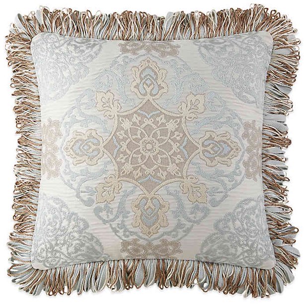 Waterford Linens Fringe Square Throw Pillow in Cream/Blue