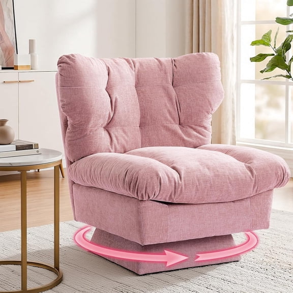 Oversized Chenille Swivel Accent Chair for Living Room, 360° Rotating Upholstered Reading Chair with Thick Cushion, Cozy Club Chair for Bedroom or Office, Supports 300 Lbs, Pink