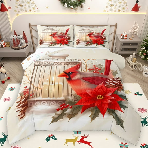 Homewish Cartoon Rustic Bird Bedding Comforter Set, Winter Christmas Poinsettia Twin Comforter Sets, Western Lodge Cabin Reversible Bedding Set, Ultra Soft Bedroom Decor, 2pcs