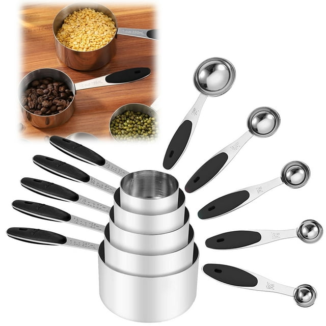 LXYFH Cooking Utensils Under $15 Stainless Measuring Cups And Spoons Set Of 10 Piece Nesting Measuring Cups Set With Soft Silicone Handles For Home Kitchen Cooking & Baking Black