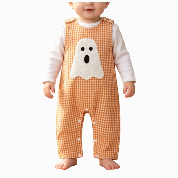 Wxirdiow Preemie Clothes Girl Jumpsuit Baby Halloween Embroidery Sleeveless Checkered Outdoor Long Climbing Suit,Orange,18-24 Months