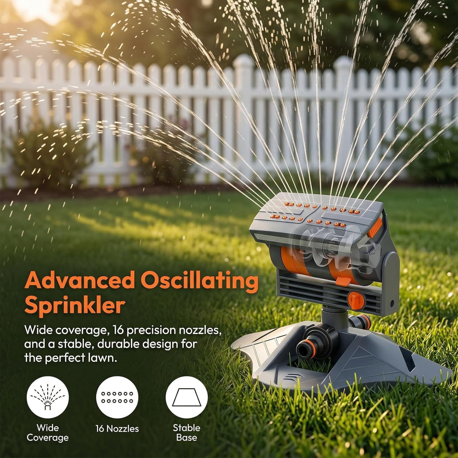 2026 New Adjustable Oscillating Sprinkler, Wide Coverage Lawn Sprinkler with 16 Nozzles, Mini Turbo Oscillating Water Sprinkler for Yard & Garden, Black-A (Includes 5m Hose)