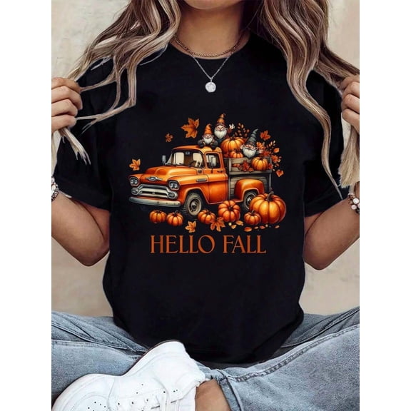 Autumn Tops for Women Hello Fall Gnome Pumpkin Truck Maple Tree Graphic Short Sleeve T-Shirt