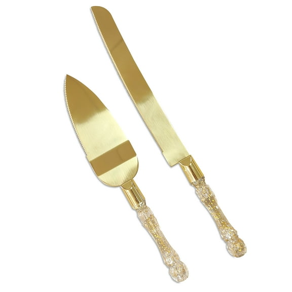 HOMI STYLES 2-Piece Non-Slip Wedding Cake Knife and Server Set with Glitter Gold Color Plastic Handles