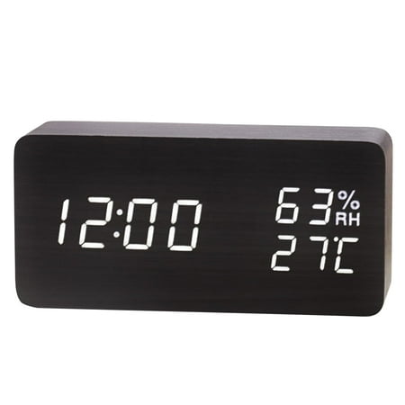 

Desk Wooden Alarm Clock with Day Date Temperature Humidity Adjustable 3 Brightness Voice Control Indoor Thermometer Hygrometer for Greenhouse Garden Cellar