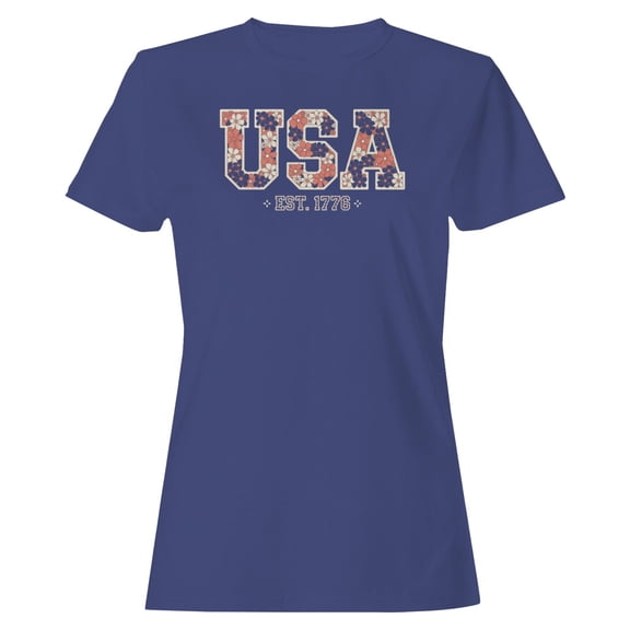 Smartprints USA Floral Patriotic Est. 1776 Women's T-shirt, Purple, S