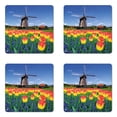 thumbnail image 1 of Landscape Coaster Set of 4, Tulip Blooms with Classic Dutch Windmill Netherlands Countryside Spring Picture, Square Hardboard Gloss Coasters, Standard Size, Yellow Blue, by Ambesonne, 1 of 2