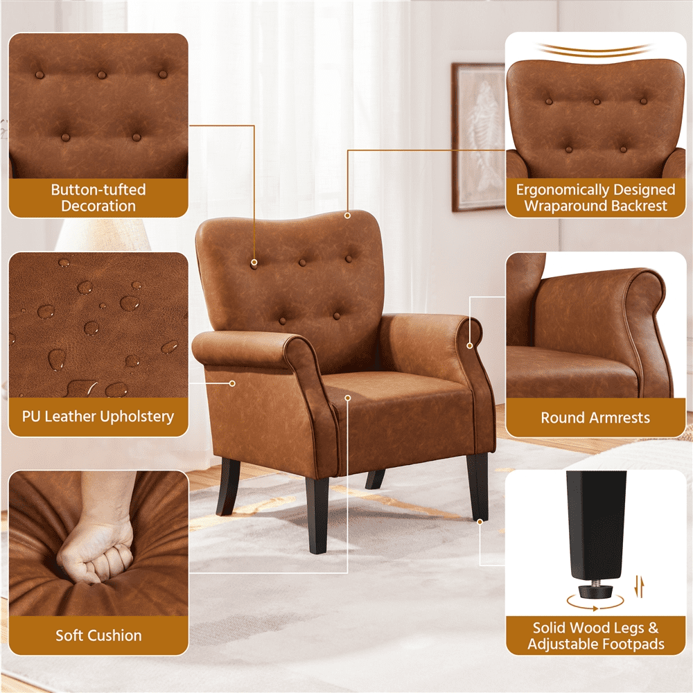 Alden Design Mid-century Faux Leather Accent Chair with Tufted High Back for Living Room, Retro Brown