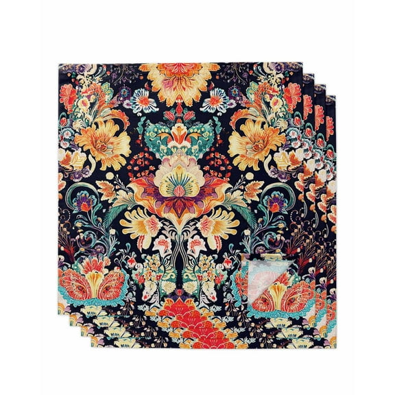 Vintage Flowers Cloth Napkins Set of 4, Ethnic Boho Floral Botanical Black Washable Reusable Dinner Cocktail Napkin for Kitchen Party Wedding Banquet Holiday Baby Shower Table Decor