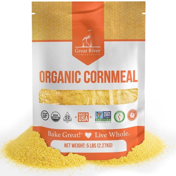 Great River Milling Organic Medium Grind Cornmeal  USDA Organic, Gluten Free, Non-GMO, Kosher  Hearty Texture for Cornbread, Polenta, Muffins, Pancakes & Baking  5 Lb