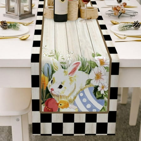 

Easter Gnome Truck and Bunny Table Runners for Dining Room Rustic Wood Buffalo Plaid Cotton Linen Tablecloth Runner Farmhouse Table Setting Decor for Wedding Party Holiday Dinner Home