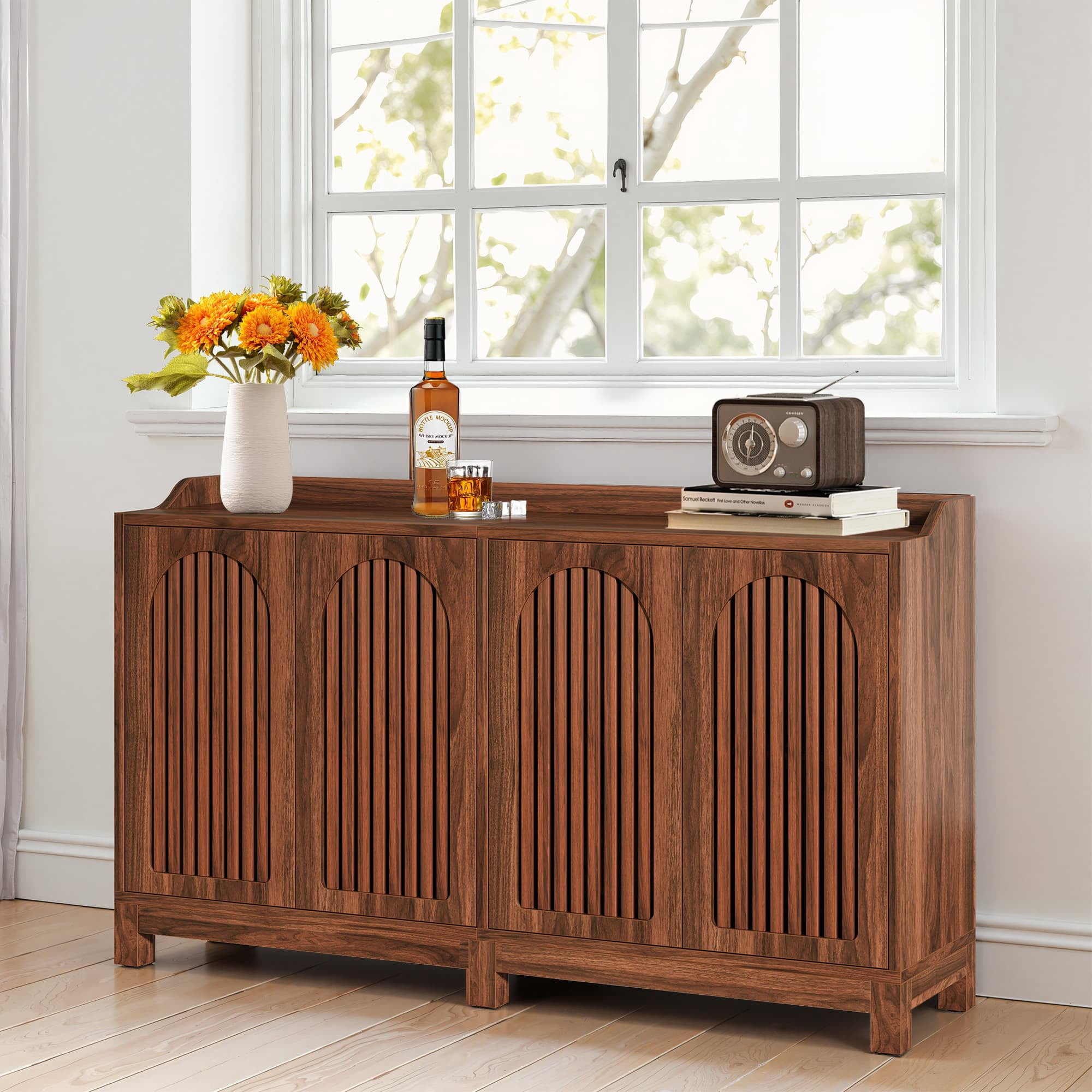 MAYEERTY 57" Farmhouse Sideboard Buffet Cabinet, Vintage Shutter Door Storage Credenza with Adjustable Shelf, Solid Wood Leg Coffee Bar Cabinet