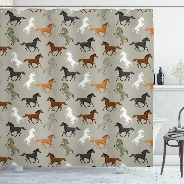Horses Shower Curtain, Abstract Stallions Simple Design Equestrian Animals Galloping Curvet