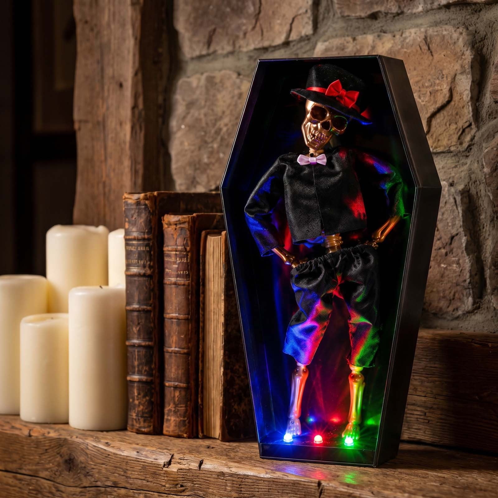 Halloween Coffin Dancing Skeleton Decor Bride And Groom Couple Colorful LED Lights Unique Dancing Posture Gothic Tabletop Ornament Gift For Home Bar Horror‑Themed Haunted House Party