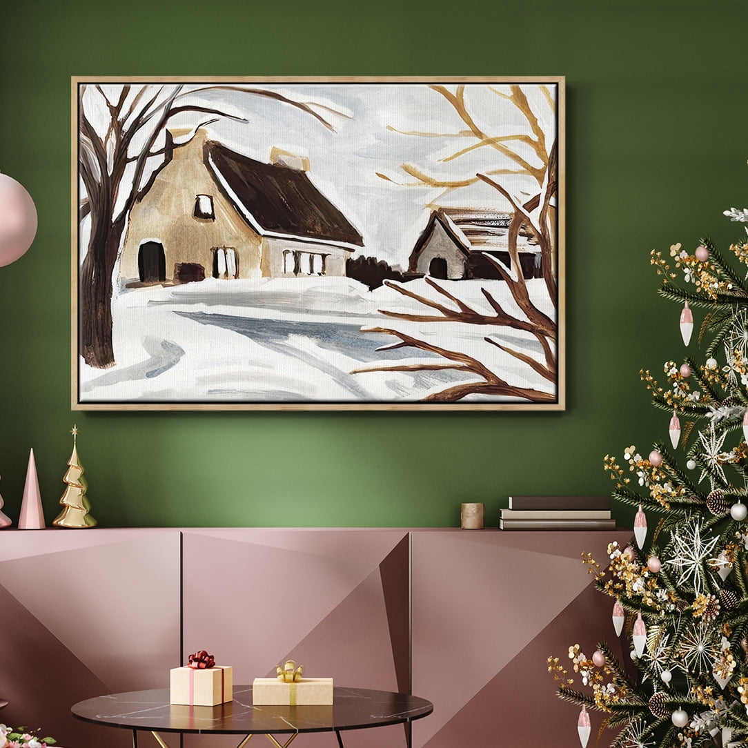 Winter Cottage II - Framed Gallery Wrapped Holiday Canvas - 17 x 25 - Natural Wood Frame