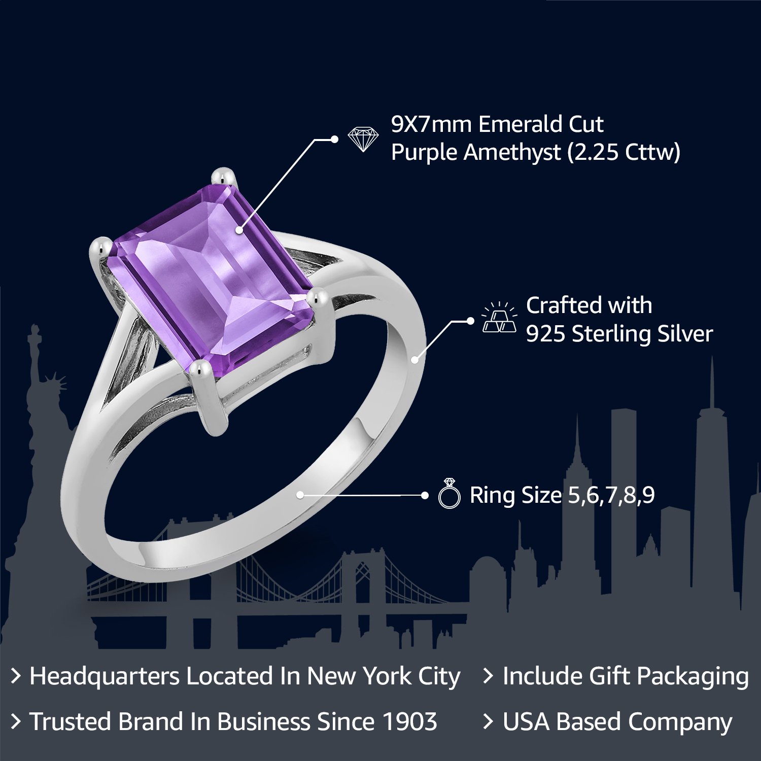 Gem Stone King 2.25 Cttw Purple Amethyst Solitaire Engagement Ring for Women | 925 Sterling Silver | Emerald Cut 9X7MM | Gemstone Birthstone | Available in Size 5, 6, 7, 8, 9