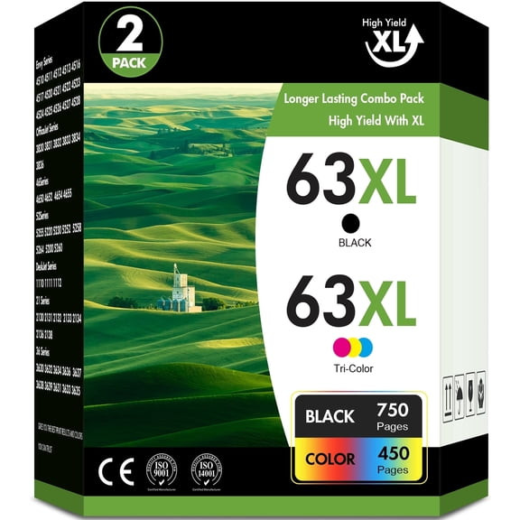 63 63xl Ink Cartridge 63XL Ink 63 Black and Tri-Color for Officejet 3830 4650 5255 5258 4655 5252 Envy 4520 4512 Printer (2 Pack)