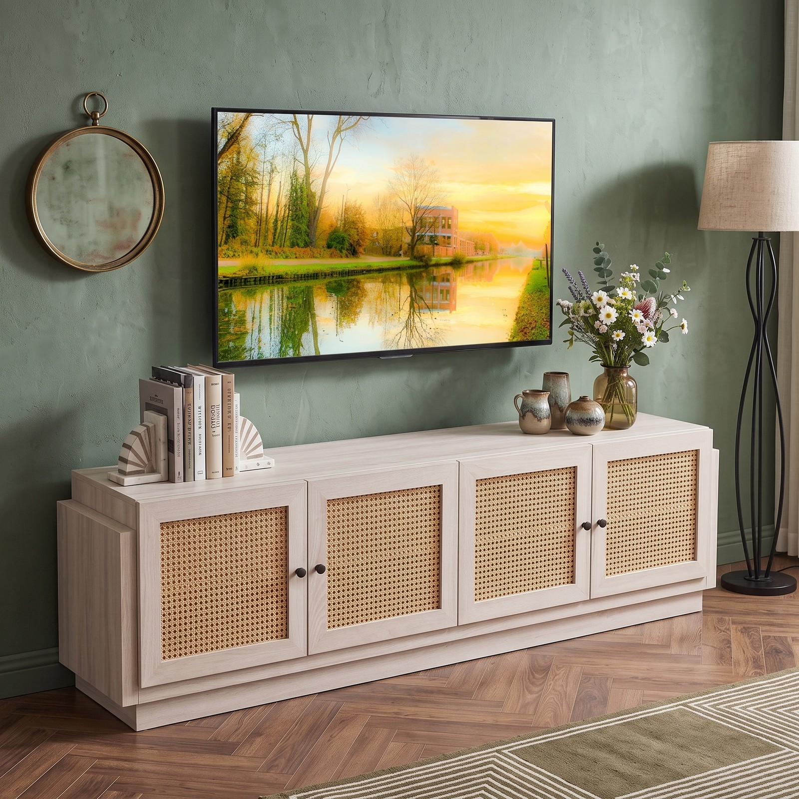 Furnibear Farmhouse TV Stand for TVs up to 75 Inches, 70 Inch Entertainment Center with PE Rattan Cabinet Doors and Adjustable Shelves, Rattan Media Console for, White