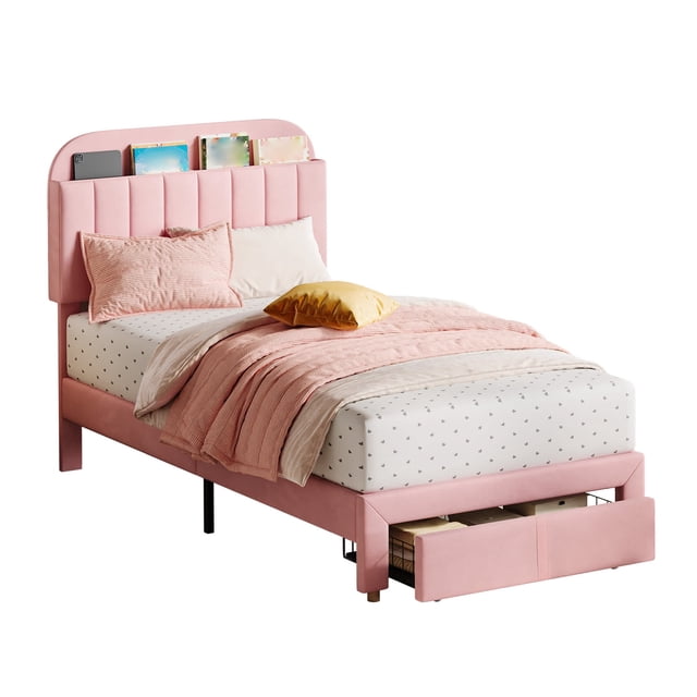Eastvita Light Pink Twin - Size Upholstered Platform Bed with Large Storage Drawer/Bookcase Headboard/Noise - Free/No Box Spring Needed/Easy Assembly