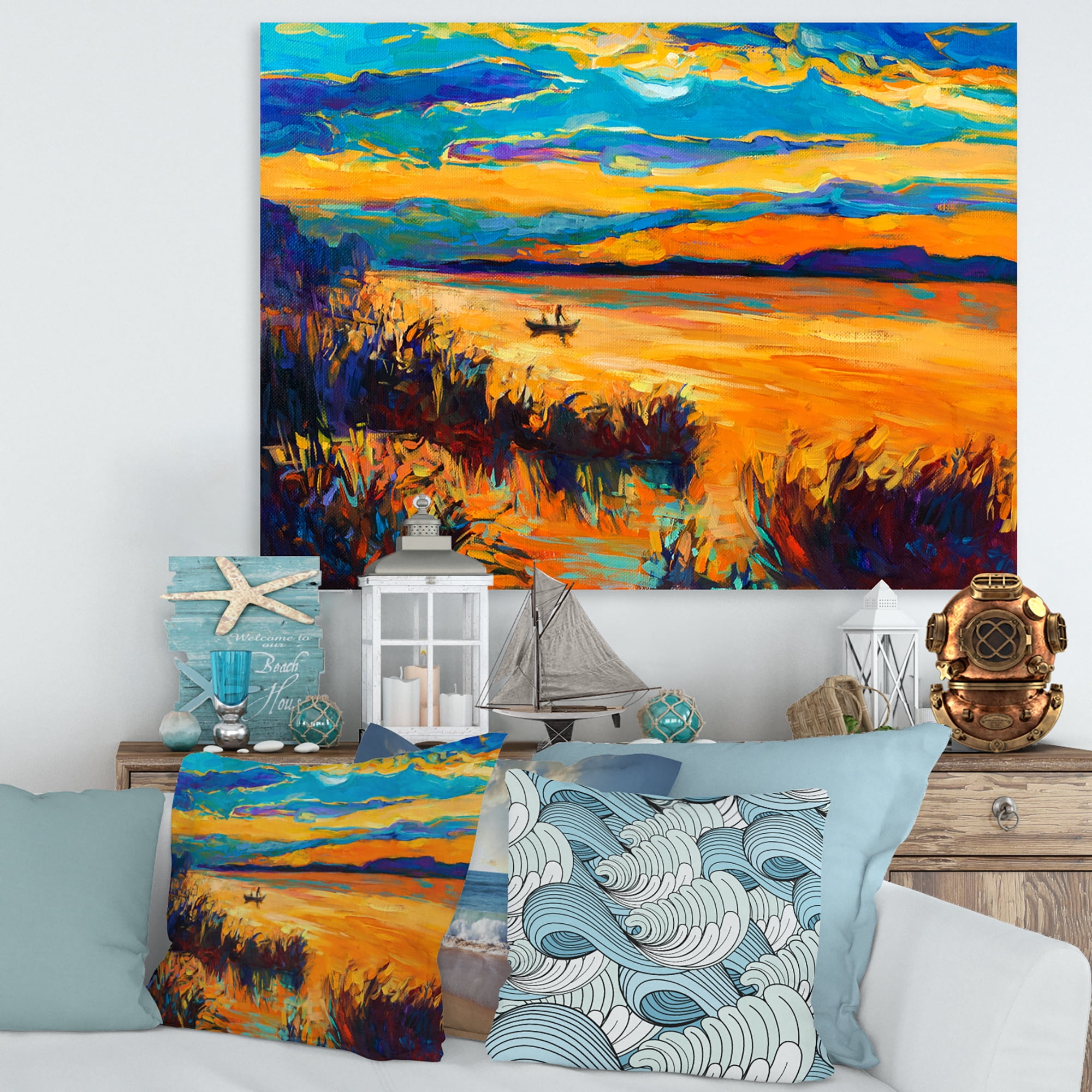 Designart ' Little Boat At The Horizon Of A Lake During Evening Glow ' Nautical & Coastal Canvas Wall Art Print