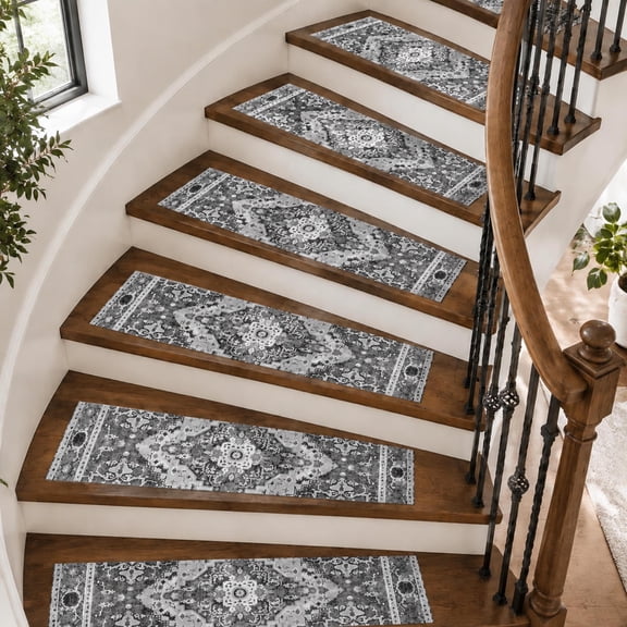 Hyknon 15 Pack Stair Treads for Wooden Steps, 8x30", Non-Slip Adhesive Stair Carpet Protector, Pet Friendly Indoor Stair Covers Rugs for Basement Winder Spiral Staircase