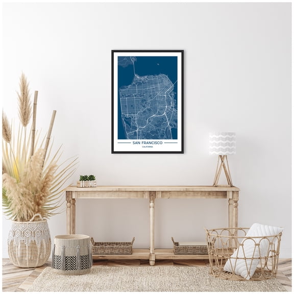 Kate and Laurel San Francisco Map Regal Blue Framed Canvas Wall Art by Jacob Goossen 23 x 33 Sylvie Black, Modern Contemporary, Maps, Cityscapes Art for Wall Decor, Living Room Bedroom