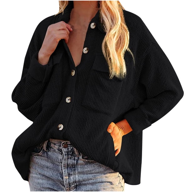 Cárdigan abotonado de pana para mujer, manga larga, solapa, camisa acolchada suelta, parte superior Fridja BV0+4457