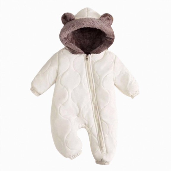 Baby Winter Fleece Lined Snowsuit Quilted Bear Ear Hooded Romper Full Zipper Warm Jumpsuit Outfit