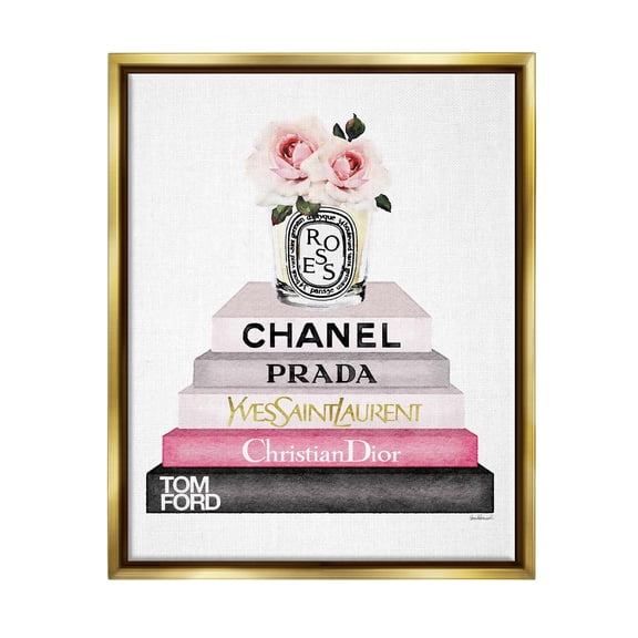 Stupell Industries Book Stack Fashion Candle Pink Rose Metallic Gold Framed Floating Canvas Wall Art, 16x20, by Amanda Greenwood