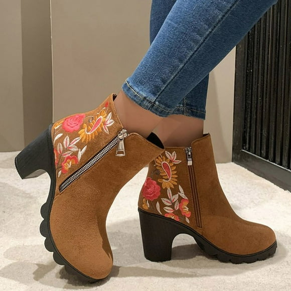 Bmisegm Women Hiking Boots Ethnic Style Embroidered Short Boots for Women Border Thick Heel Side Zipper Mid Heel Suede Fashion Boots Boots for Women Brown 7.5