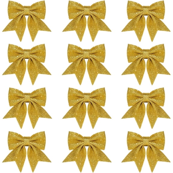 Christmas Wreath Bow Gold Christmas Tree Decoration Crafts Present Bows Glitter Ornaments Bow 24 Pcs 5.5 in Xmas Bows for Indoor and Outdoor Decoration