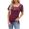 thumbnail image 2 of OKBOP Short Sleeve Womens Tops Plus Size Red Solid Crew Neck Button T-Shirts Womens T Shirts, 2 of 7