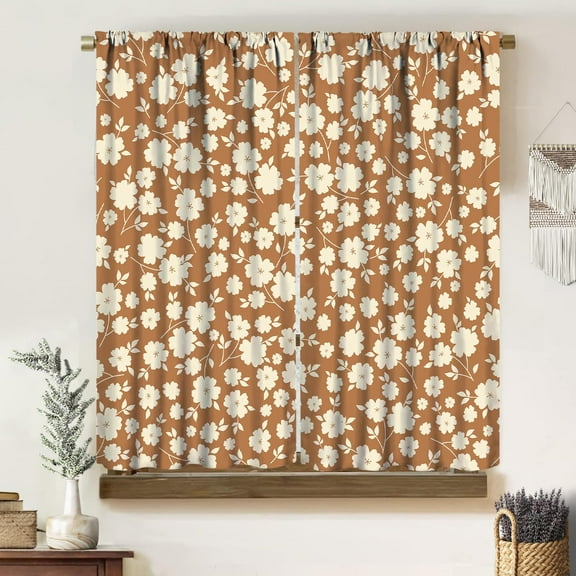 Vintage Rustic Floral Curtains, Mid Century Boho Yellow Brown Tone Plant Seamless Pattern, Blackout Thermal Insulation for Living Room Bedroom Kitchen Bathroom 53"W x 84"L (Pack of 2)