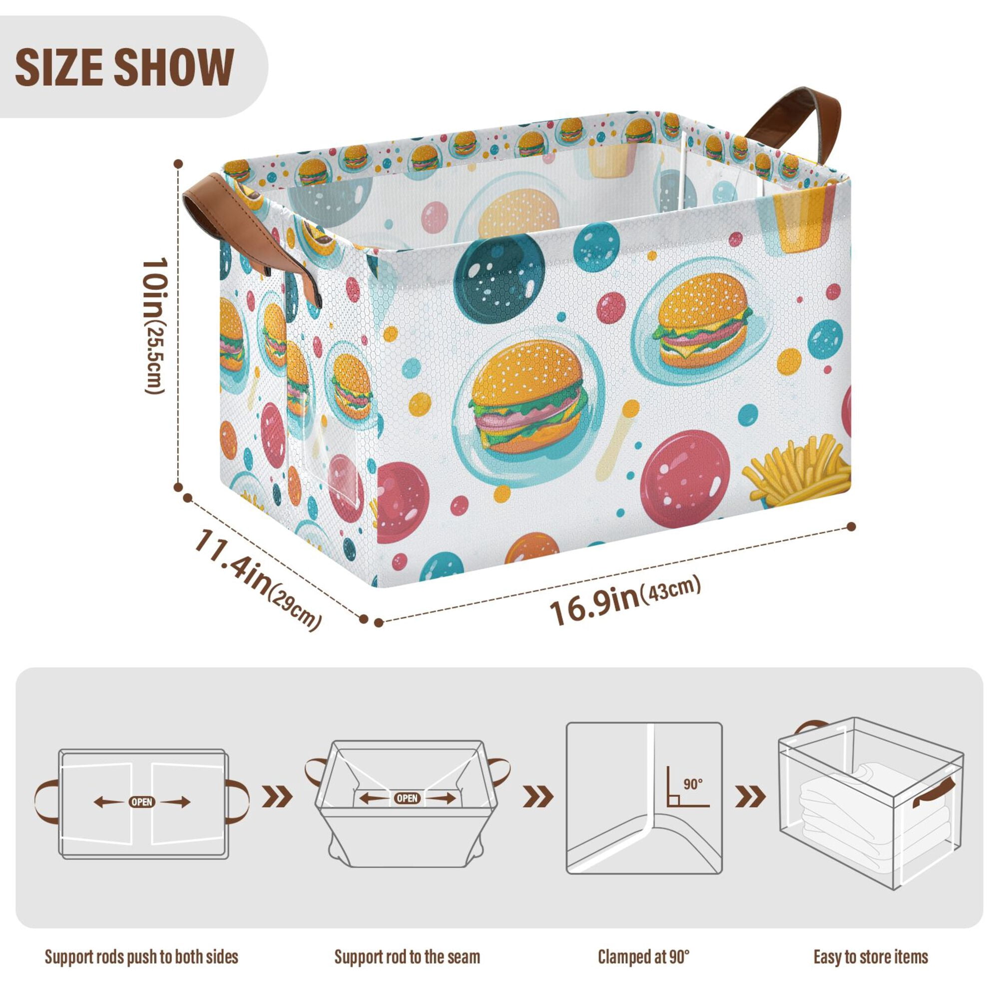 Yayeee Foldable Storage Basket for Shelves Set of 2 Waterproof Cloth Bins with Handles, Bubbles Hamburger