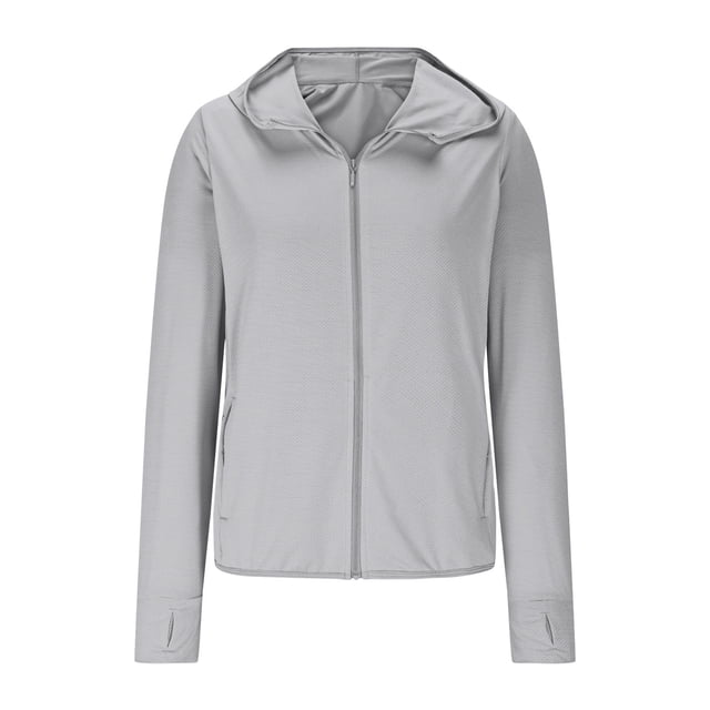 Htigea Womens UPF 50+ Sun Protection Jacket Lightweight Quick Dry Full Zip Long Sleeve UV Rash Guard Tops Breathable Packable Outdoor Running Hiking Hoodie with Zipper Pockets Gray,XL