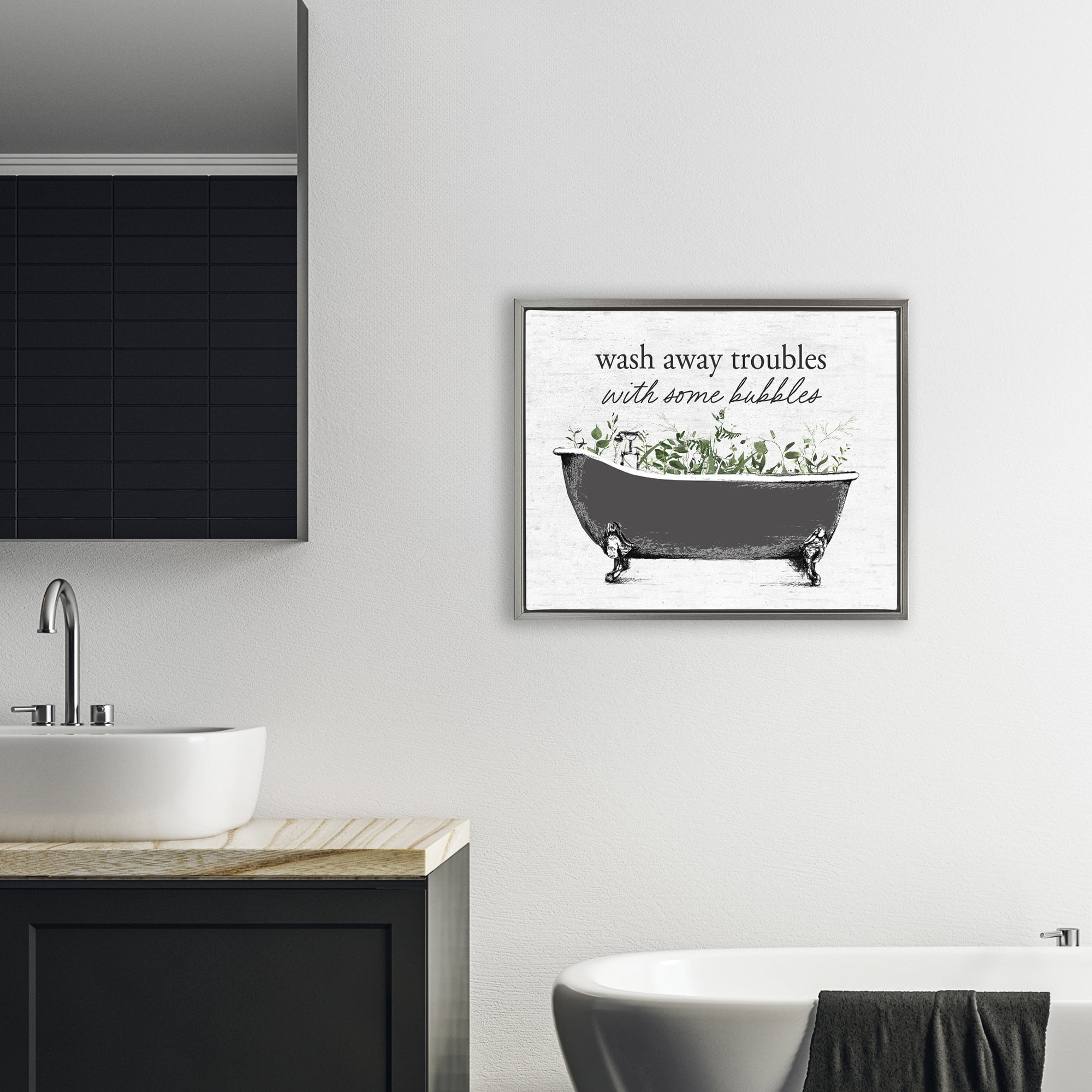 Comforting Bubble Bath Quote Gray Framed Floater Canvas Wall Art, design by Lettered and Lined