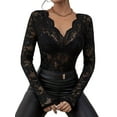 thumbnail image 3 of Lace Mesh Top for Women Long Sleeve V-Neck Sheer Blouse See Through Floral Lace Tops Black M, 3 of 6