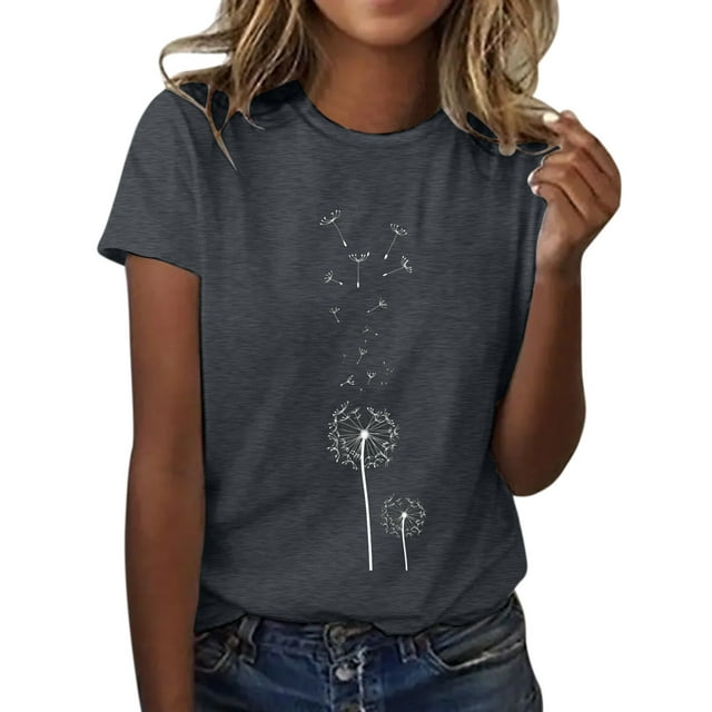 T Shirts for Women Dandelion Print Pattern Round Neck Short Sleeve Summer Relaxed Fit Ladies Tees