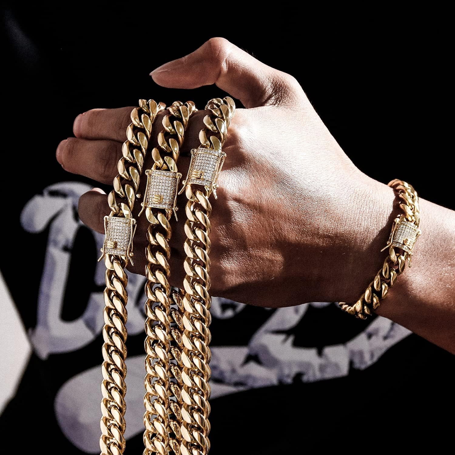 Leander 14K Gold-Plated Miami Cuban Chain, 316L Stainless Steel Necklace or Bracelet with Ice Diamond Clasp, Perfect for Men and Women (Christmas Gift)