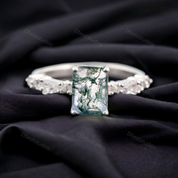 Natural Moss Agate Bridal Ring Diamond Promise Ring Unique Design Anniversary Ring Birthday Statement Gift For Wife Silver Stacking Rings