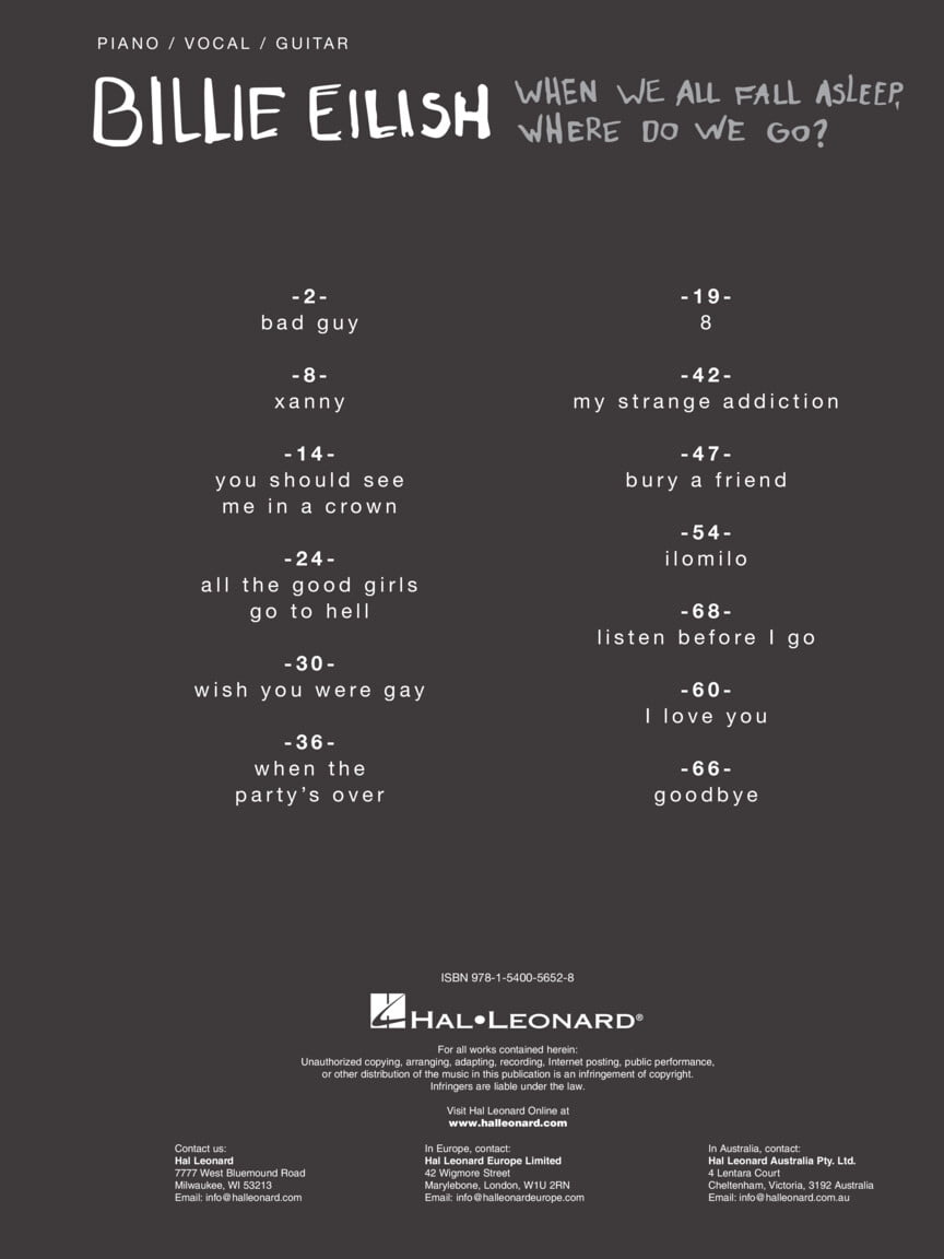 Billie Eilish When We All Fall Asleep Where Do We Go Piano Vocal Guitar Walmart Com