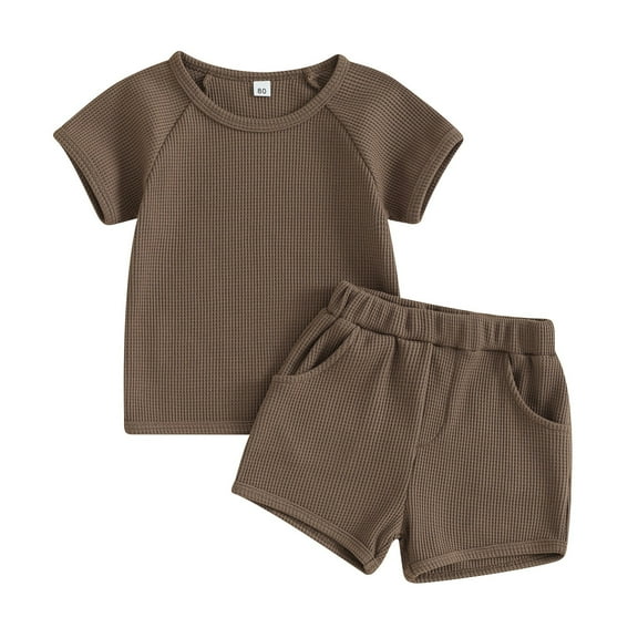 HOOMEUMY Baby Waffle Short Sleeve Round Neck T-Shirt Breathable Lightweight Casual Shorts Set Summer 2 Piece Suit Brown 2 Years