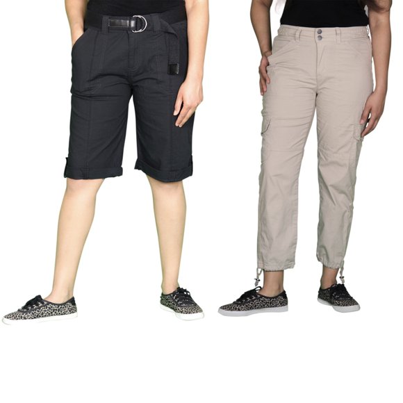 RSN Pantalons Bermuda et Capri Extensibles pour Femmes Coupe Décontractée (Ensemble de 2 Pcs, Noir et Tundra)