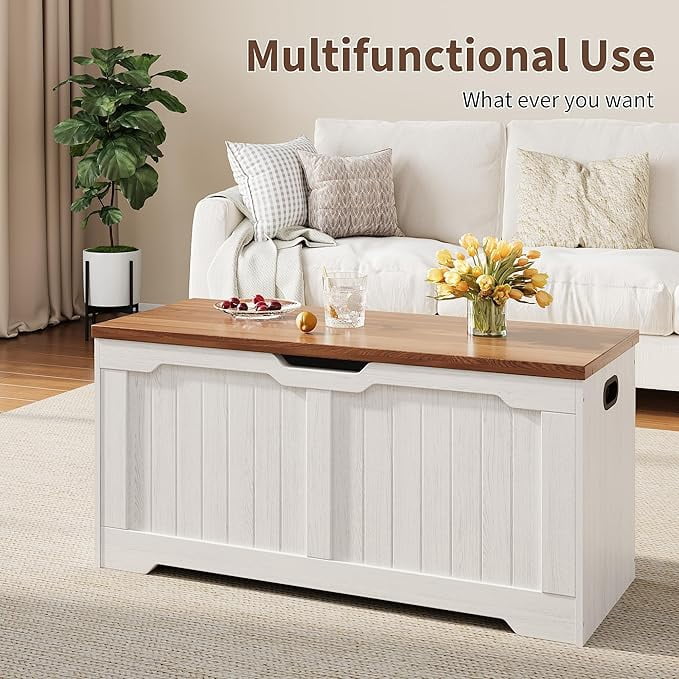 SOLLED 39.4" Retro Wooden Storage Bench & Chest, Lift-Top Trunk with Safety Hinges, Multifunctional Entryway Organizer & Toy Chest, Vintage Style for Living Room,White