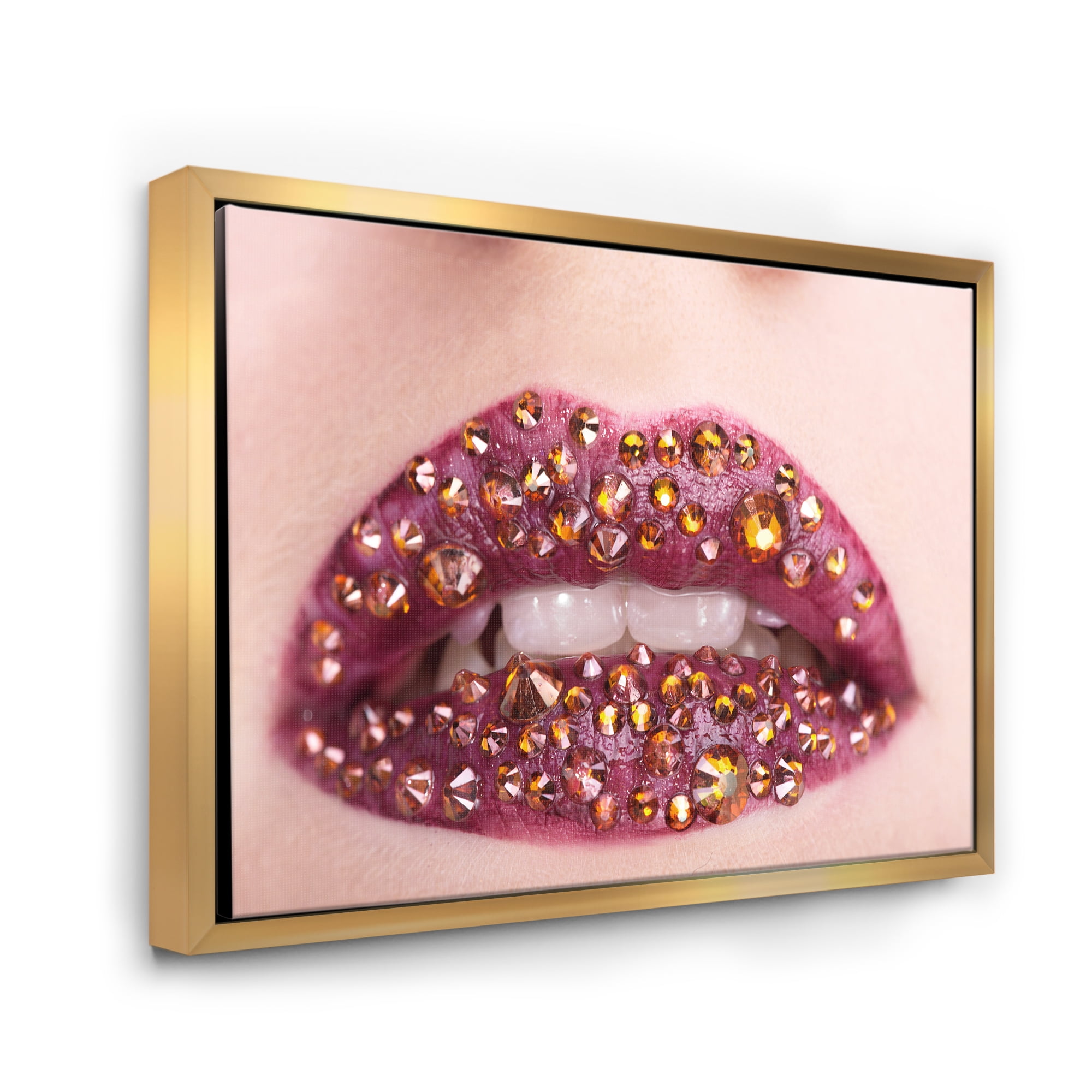 Designart 'Close-Up Of Girl Lips With Sequins' Modern Framed Canvas Wall Art Print