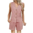 thumbnail image 2 of yievot Women's Summer 2 Piece Outfits Sleeveless Matching Sets Plaid Printed Button Down V Neck Vest Waistcoat and Shorts with Pockets, 2 of 8