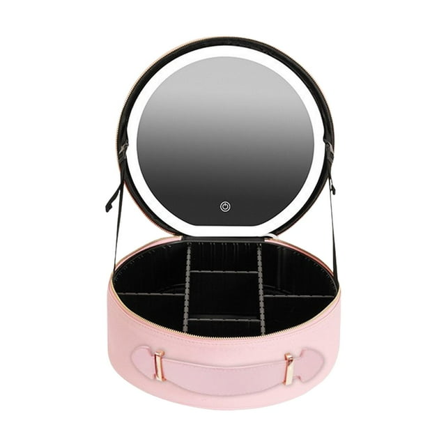 Bolsa de maquillaje LED inteligente con espejo, estuche redondo para cosméticos, luz portátil, espejo de tocador de gran capacidad, bolsa de almacenam Rosa