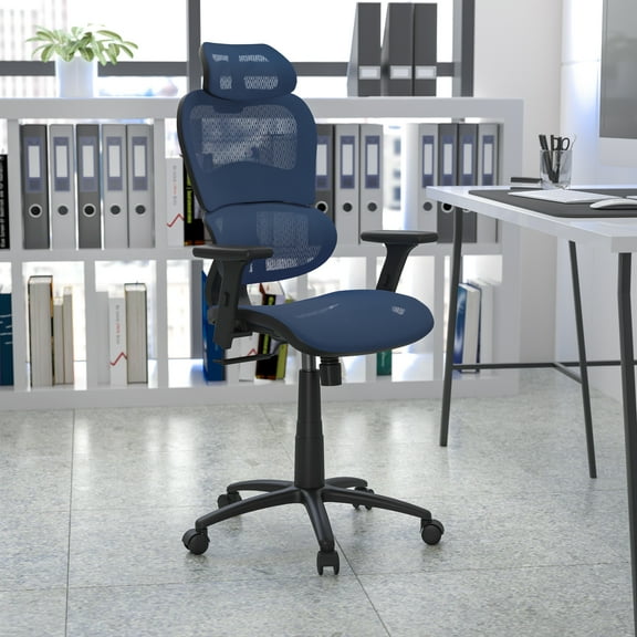 Emma Oliver Ergonomic Blue Mesh Office Chair-Synchro-Tilt, Headrest, Adjustable Pivot Arms